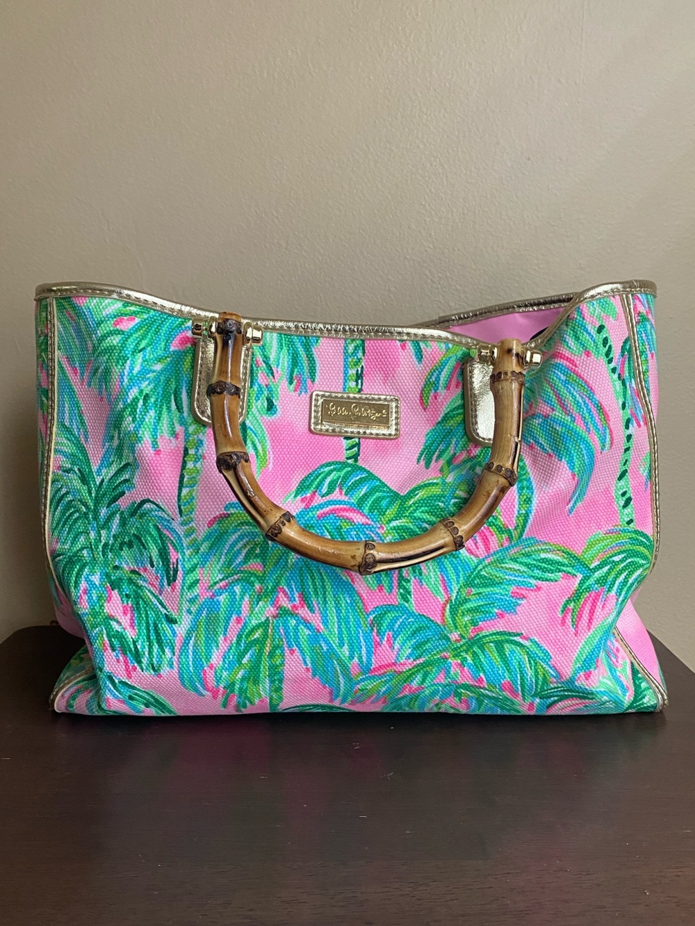 RARE Lilly Pulitzer Greydon Canvas Tote Bamboo Handles Pink Blossom Suite